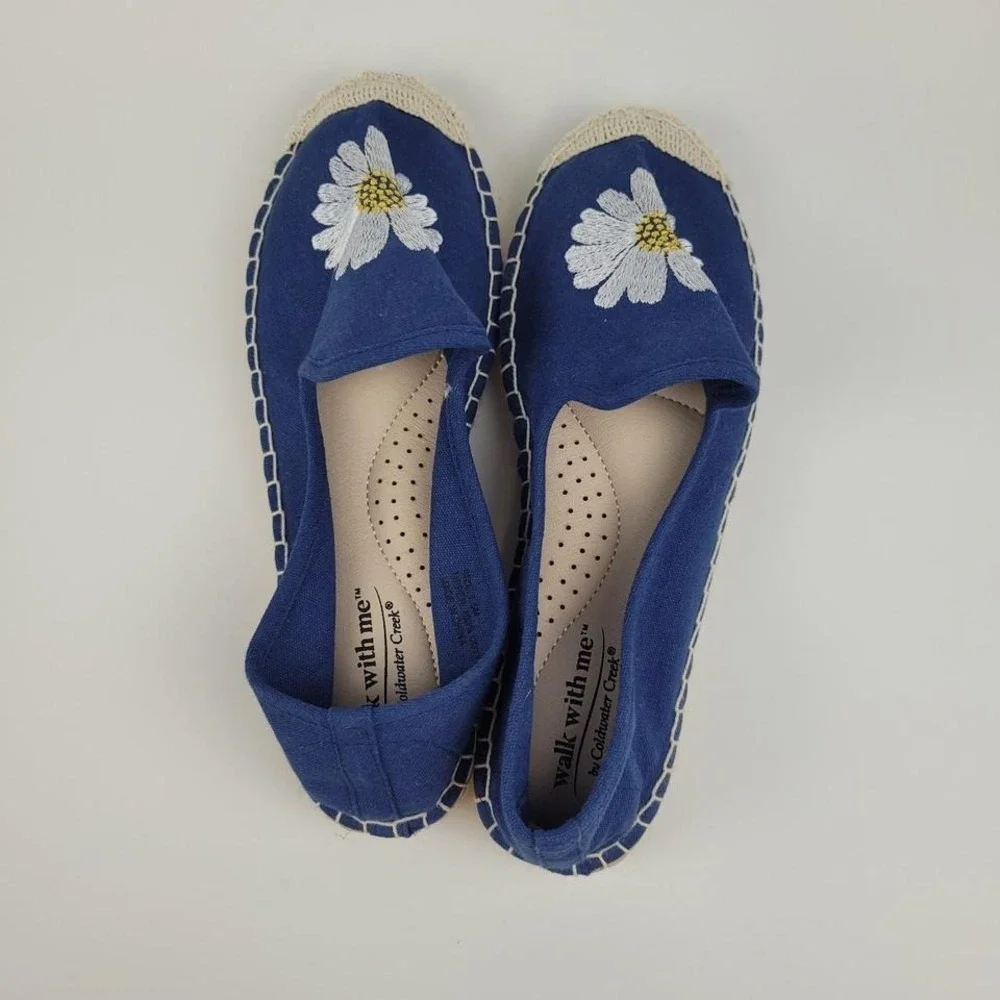 Coldwater Creek Walk With Me Navy Blue Daisy Embroidered Espadrille Flats 7.5M